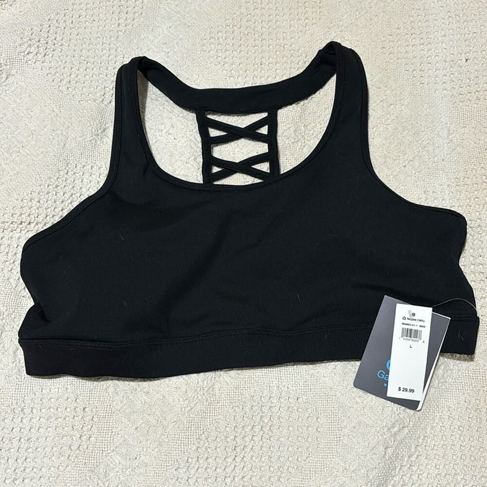 Gap L black tank sports bra removable pads shelf bra NWT lattice racer back